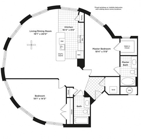 Floor plan for 2 beds, 2 baths, 1340 sqft